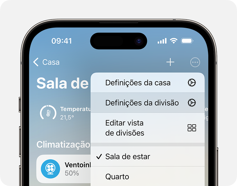 As Definições da divisão são apresentadas abaixo das Definições da casa depois de tocar ou clicar no botão Mais