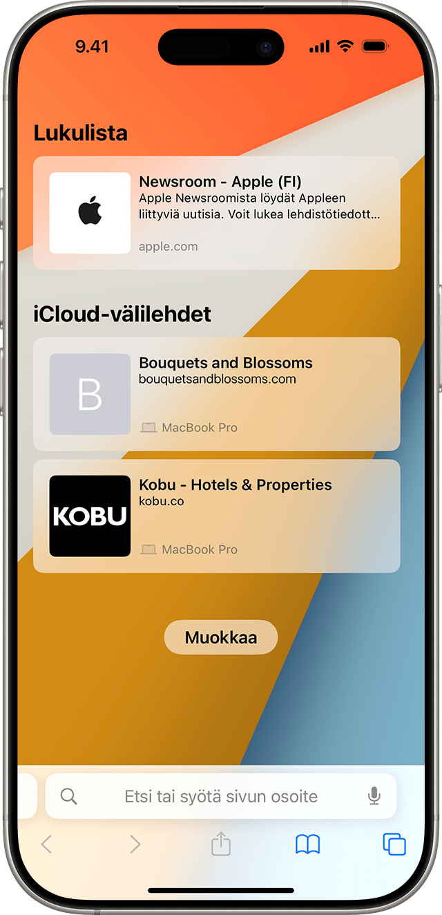 iPhone, jossa Safarissa näkyy iCloud-välilehdet.