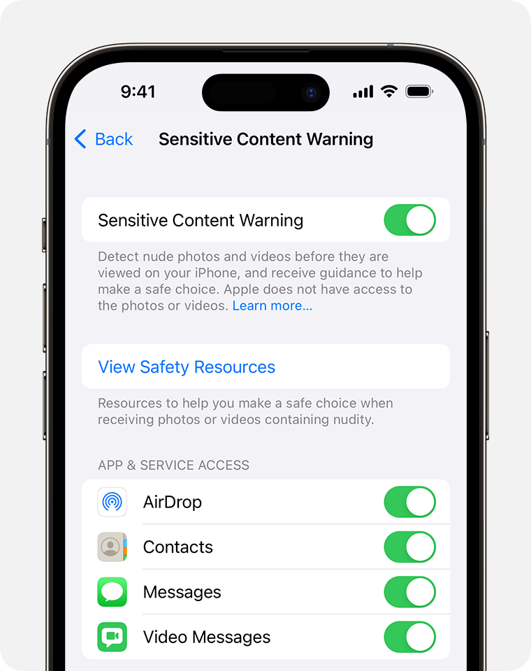 In Privacy & Security settings on iPhone, you can turn on Sensitive Content Warning and choose in which apps you'd like to turn on protections.