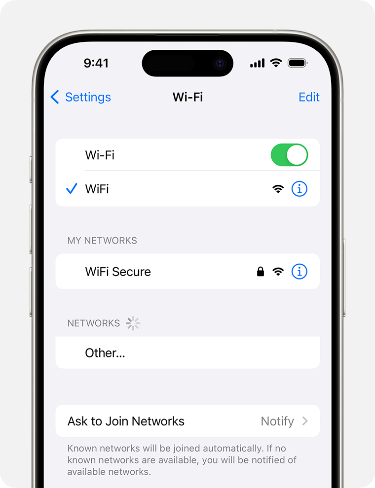 iPhone showing the Wi-Fi screen. There’s a blue tick next to the Wi-Fi network’s name.