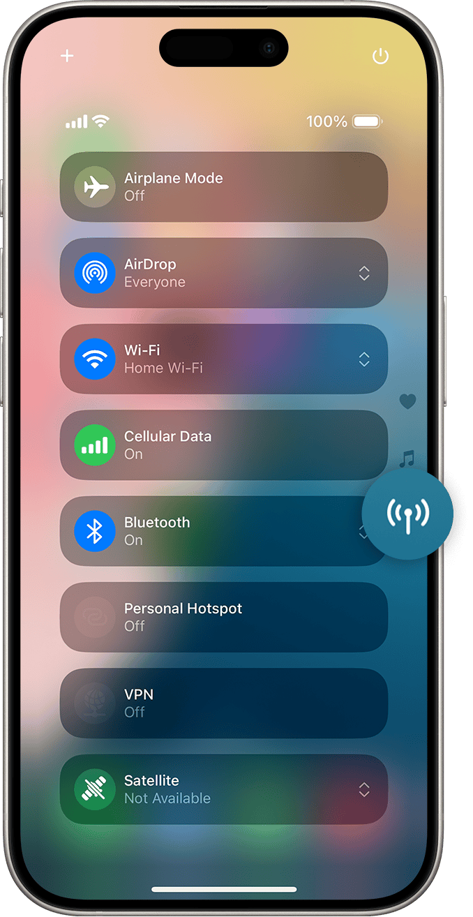 Control Center on iPhone with the Connectivity button magnified on the right side of the screen. The Satellite button at the bottom of the list.