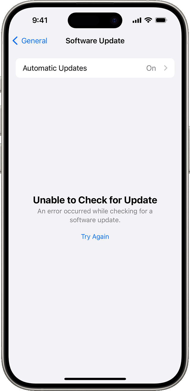 An iPhone showing the Unable to Check for Update message