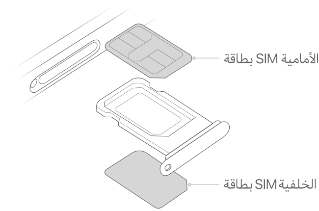 صورة للشريحة المزدوجة على iPhone توضح موضع بطاقات الشريحة في درج الشريحة