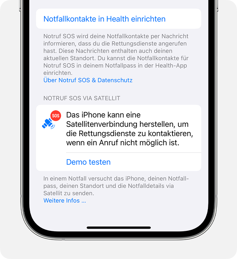 Probiere in den iPhone-Einstellungen die Demo „Notruf SOS via Satellit“ aus, um zu üben, eine Verbindung zu einem Satelliten herzustellen.