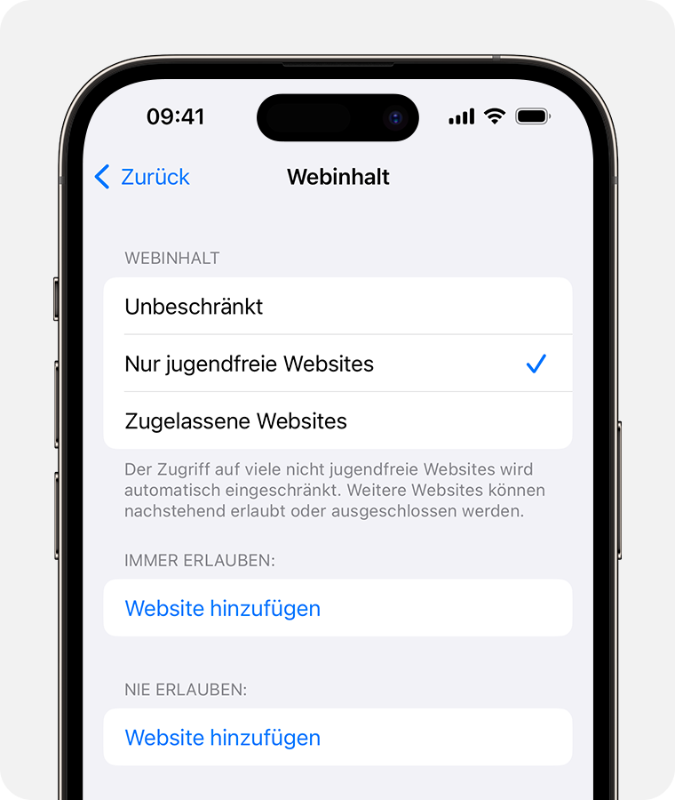 iPhone-Bildschirm mit Webinhaltsoptionen für die Kindersicherung