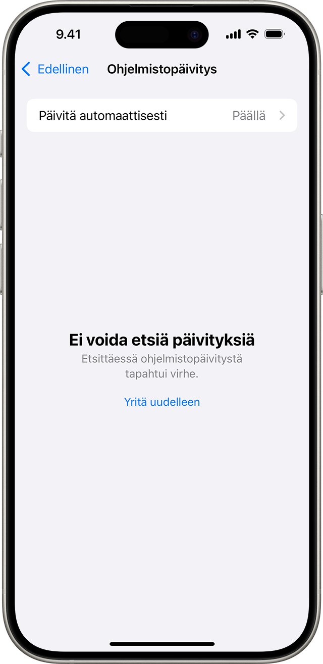 iPhone, jossa näkyy Ei voida etsiä päivityksiä -viesti