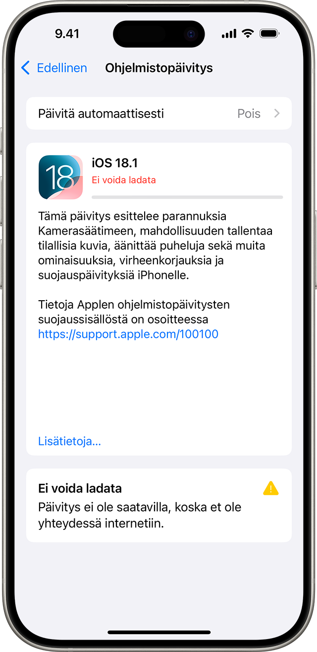 iPhone, jossa näkyy Ei voida ladata -viesti