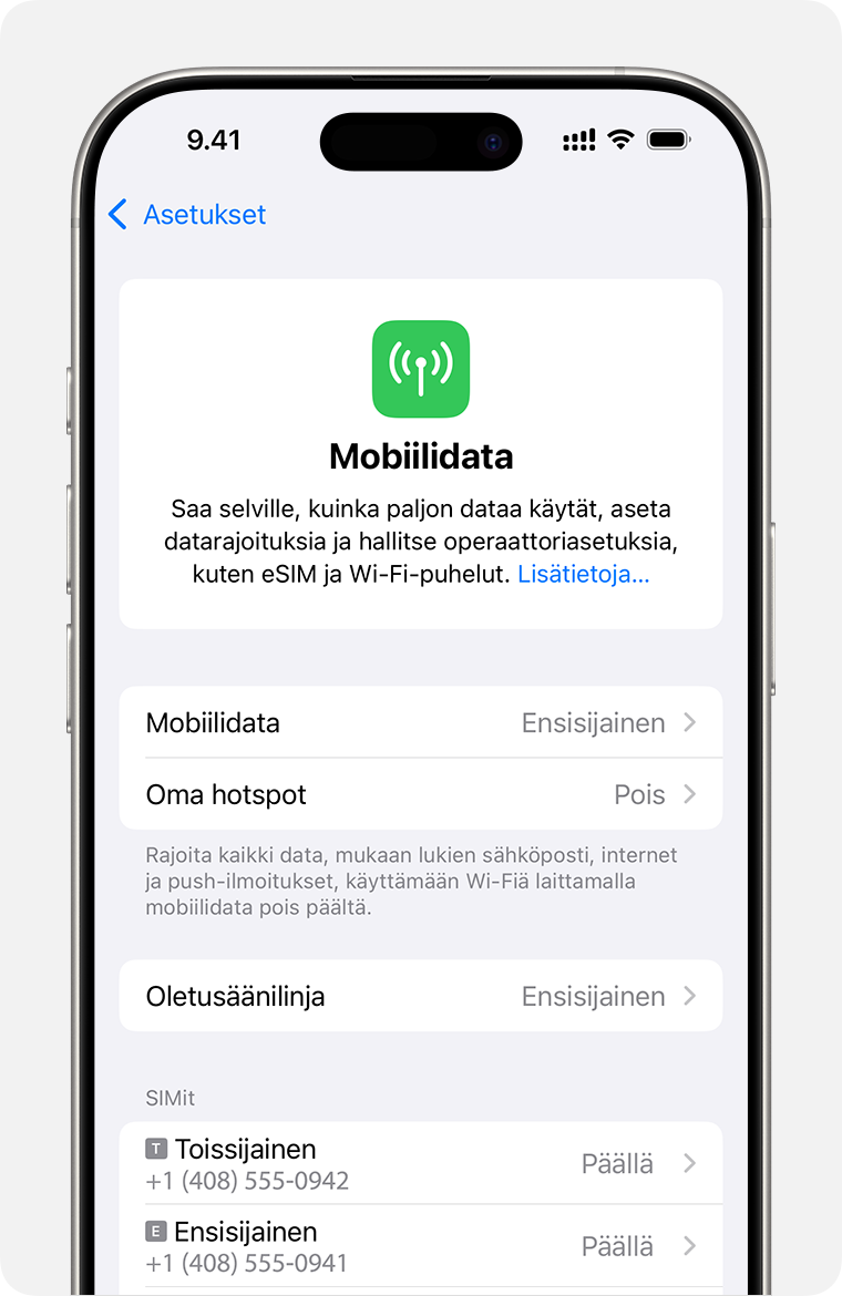 iPhonen näyttö, jossa näkyy mobiiliasetusten hallinta kullekin liittymälle