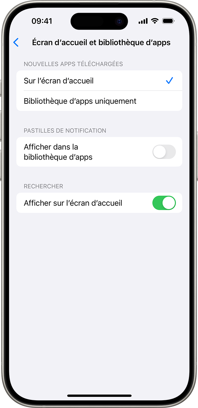 Dans Réglages > Écran d’accueil et bibliothèque d’apps, vous pouvez choisir si de nouvelles apps s’affichent automatiquement sur votre écran d’accueil.