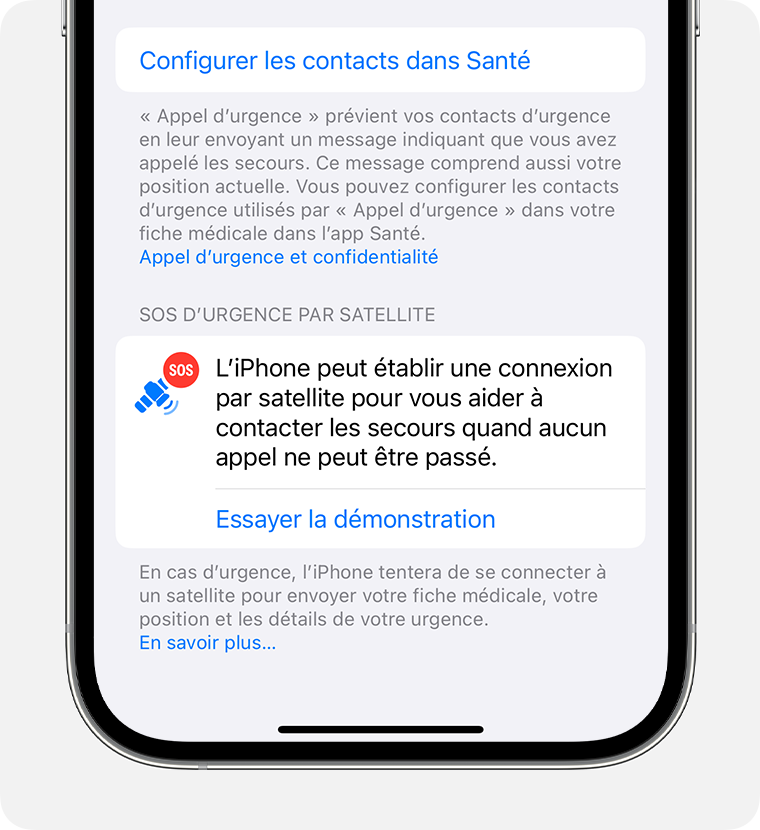 Dans les réglages de l’iPhone, essayez la démo SOS d’urgence via satellite pour vous entraîner à vous connecter à un satellite.