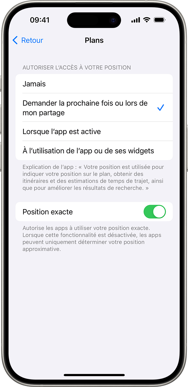 Lorsque vous désactivez la Position exacte, vous ne partagez que votre position approximative avec l’app sélectionnée.