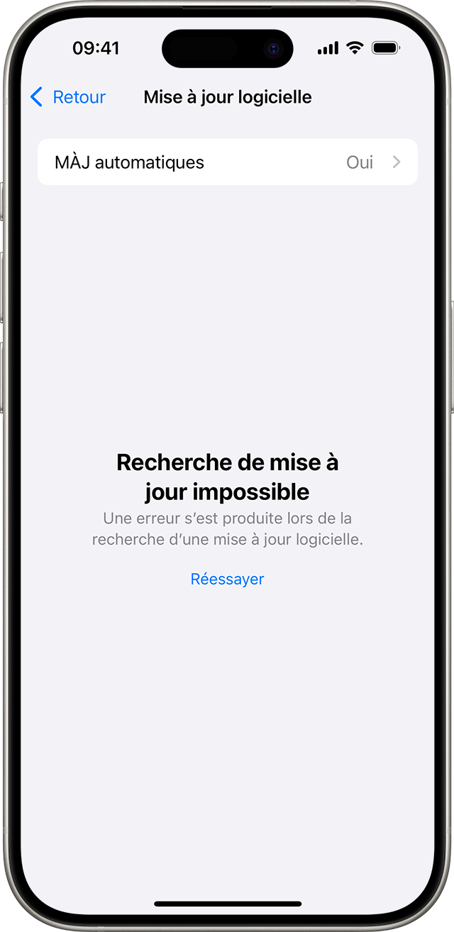 iPhone affichant le message « Recherche de mise à jour impossible »