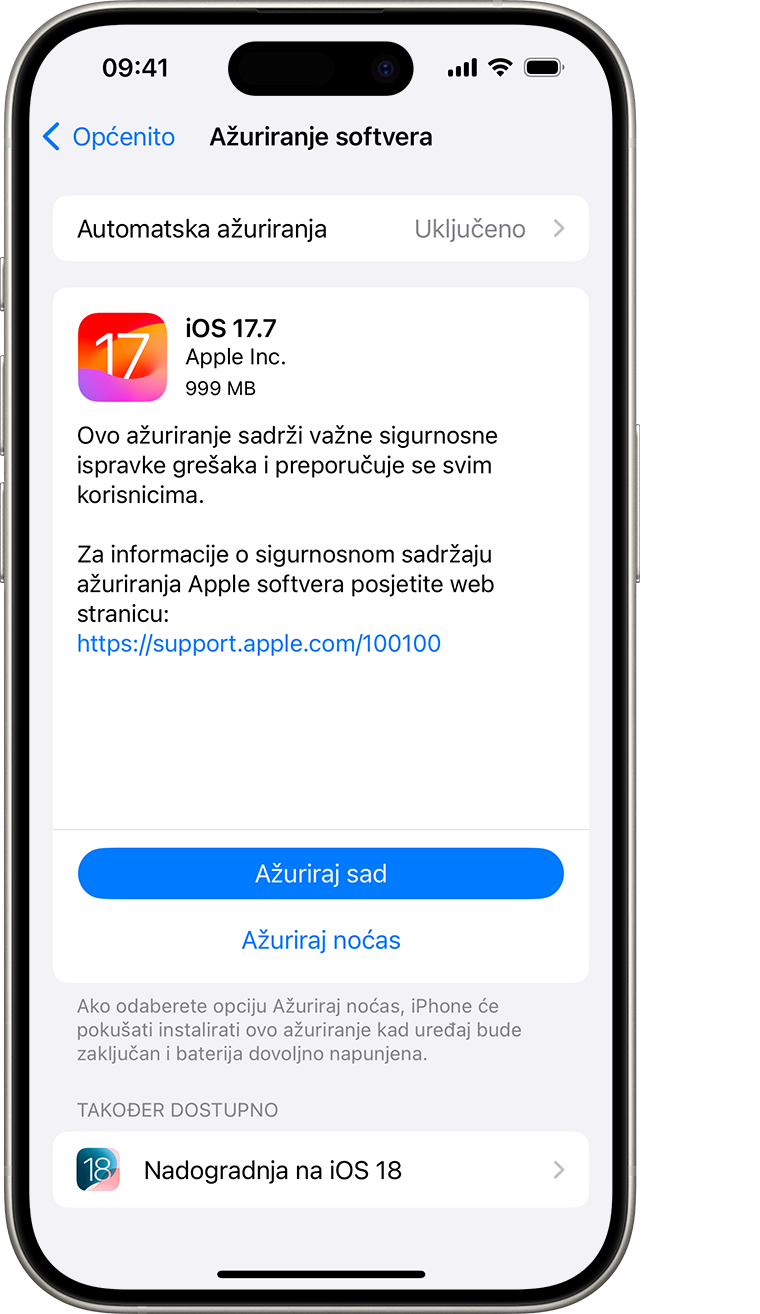 iPhone na kojem se prikazuje zaslon za ažuriranje softvera. Odabrana je opcija Ažuriraj sada.