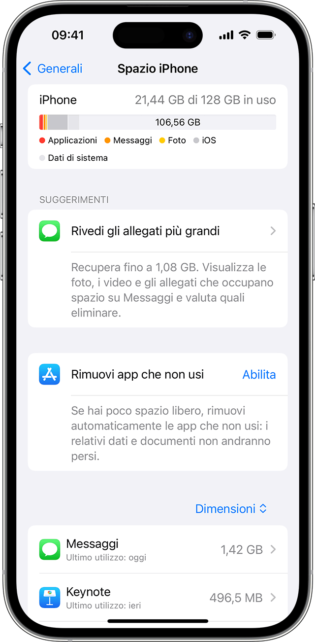 Schermo di iPhone che mostra i consigli per creare spazio sul dispositivo