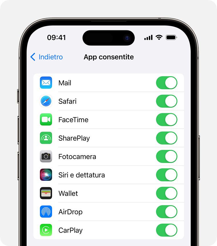 Schermata di iPhone che mostra App consentite 