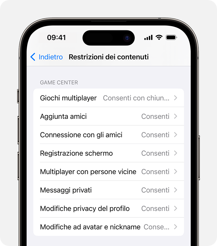 Schermata di iPhone che mostra le opzioni per i controlli parentali di Restrizioni dei contenuti 