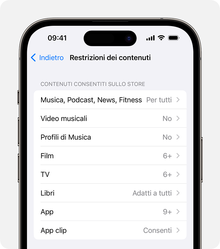 Schermata di iPhone che mostra le opzioni di Restrizioni dei contenuti 