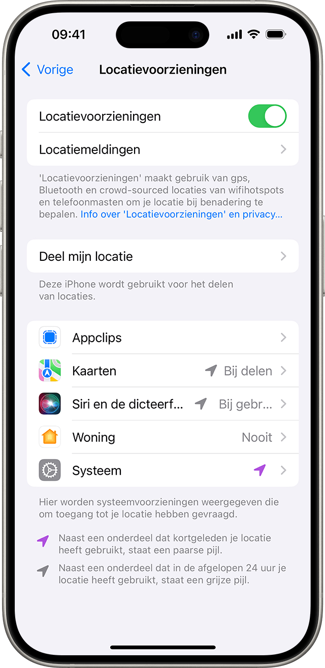 Wanneer je naar 'Instellingen' > 'Privacy en beveiliging' > 'Locatievoorzieningen' gaat, kun je wijzigen hoe individuele apps je locatie kunnen gebruiken.