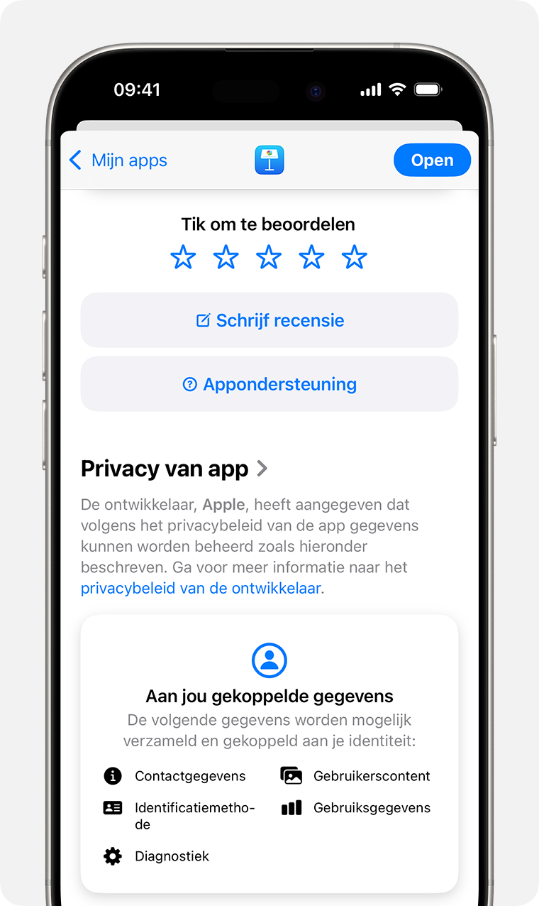 De beschrijvingspagina voor de Keynote-app op een iPhone. Bovenaan zie je 5 sterren waarmee je de app kunt beoordelen, een knop om een recensie te schrijven en een knop voor appondersteuning.