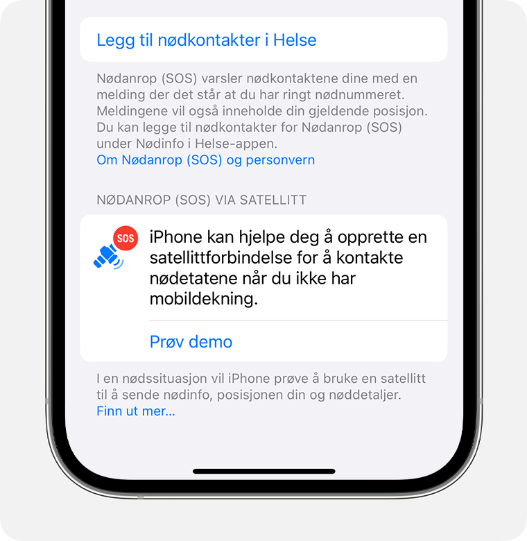 Under iPhone-innstillinger prøver du demonstrasjonen for nødanrop via satellitt. Den viser deg hvordan du kobler deg til en satellitt.