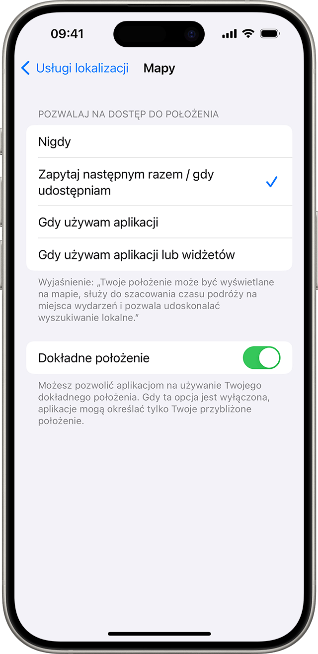 Gdy wyłączysz funkcję Dokładna lokalizacja, udostępniasz przybliżoną lokalizację tylko wybranej aplikacji.