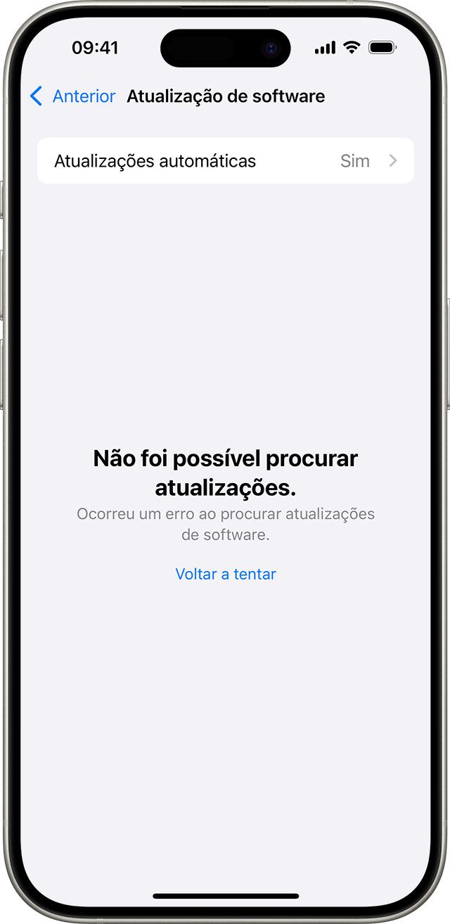 Um iPhone a mostrar o aviso Não foi possível procurar atualizações