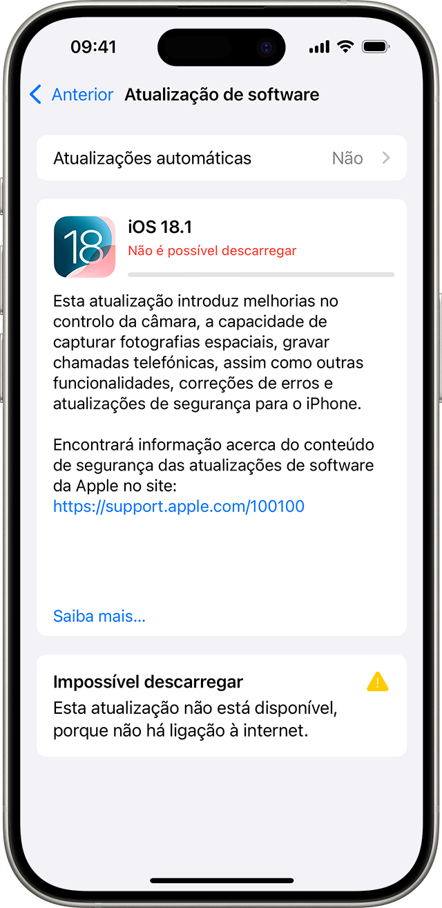 Um iPhone a mostrar a mensagem Impossível descarregar