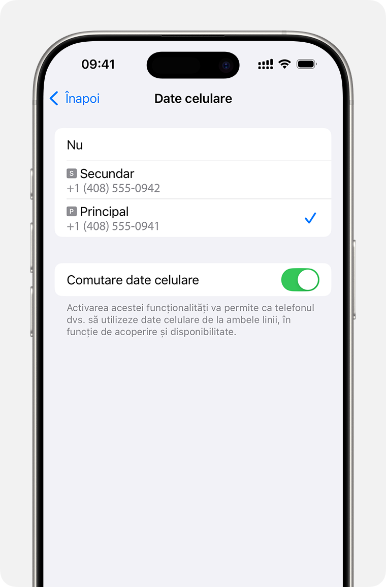 Configurările pentru date celulare pe iPhone pentru selectarea numărului care utilizează datele celulare sau activarea opțiunii Permiteți comutarea datelor celulare.