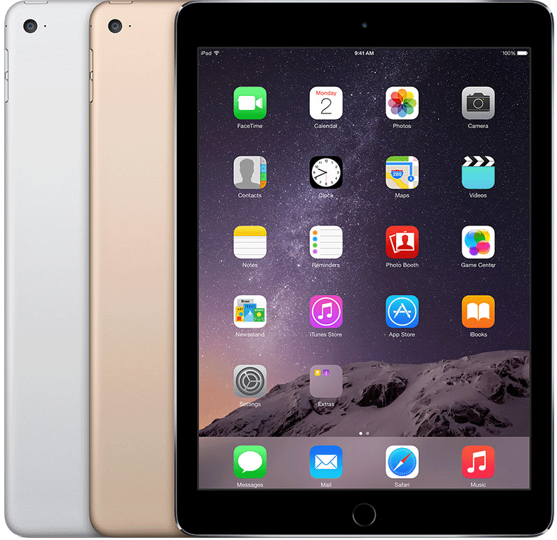 يحتوي iPad Air 2 على زر الشاشة الرئيسية أسفل الشاشة وفتحة كاميرا خلفية مستديرة