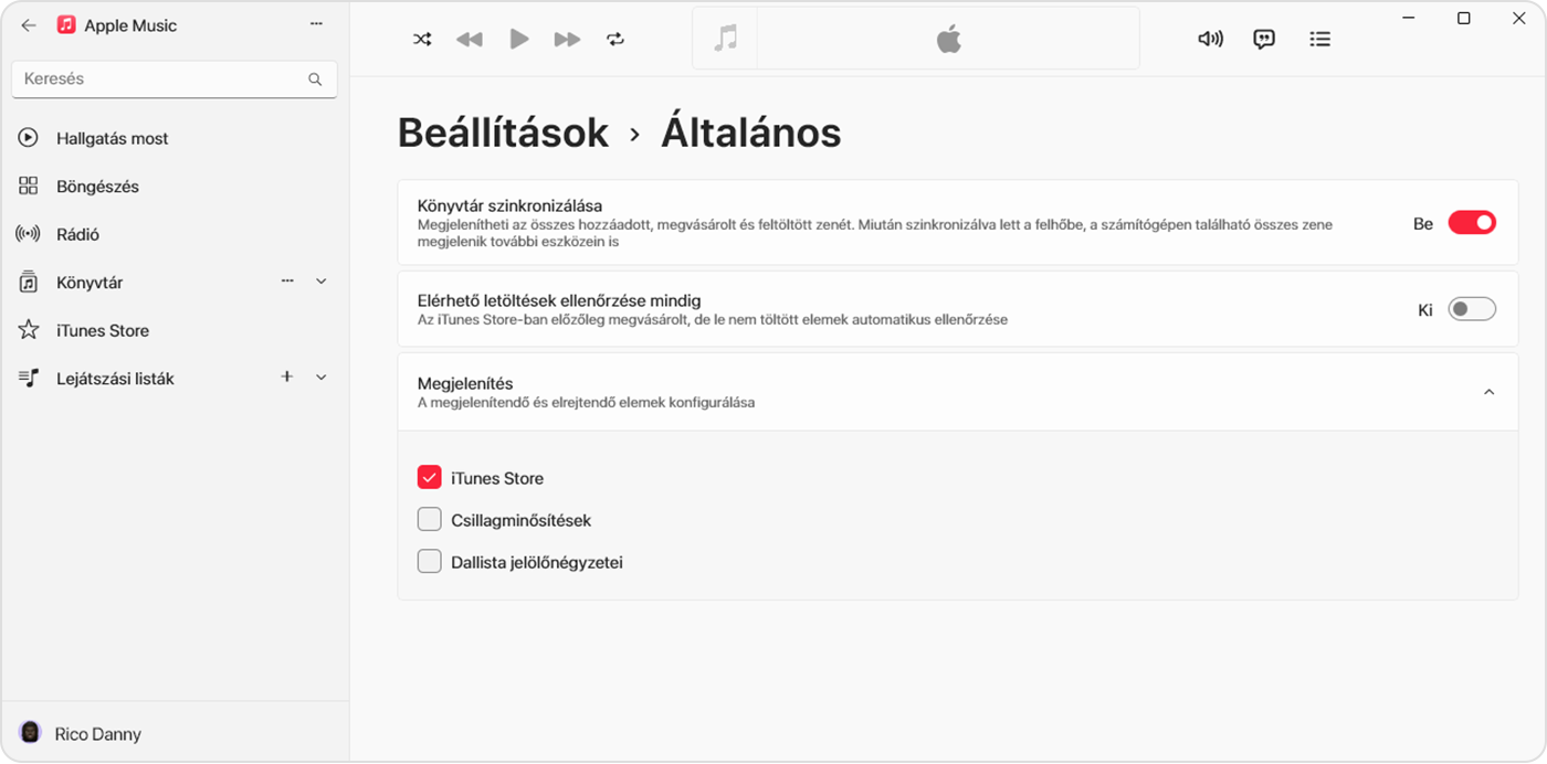 Az Apple Music alkalmazás Windows-verziója, amelyben az látható, hogy a Beállítások > Általános menüpontban be van kapcsolva a Könyvtár Szinkronizálása funkció 