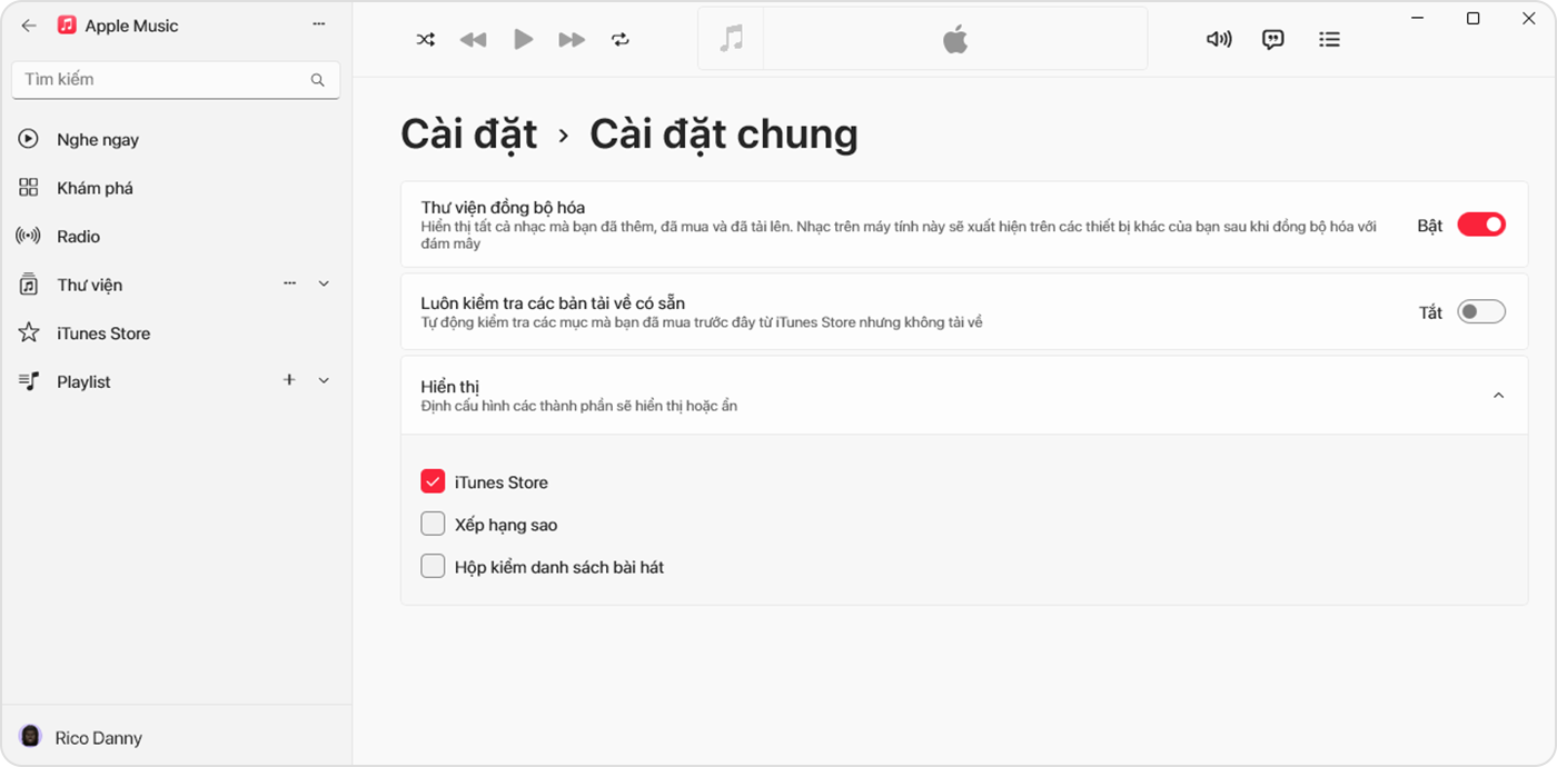 Ứng dụng Apple Music cho Windows hiển thị tính năng Đồng bộ hóa thư viện đã được bật trong phần Cài đặt > Cài đặt chung 