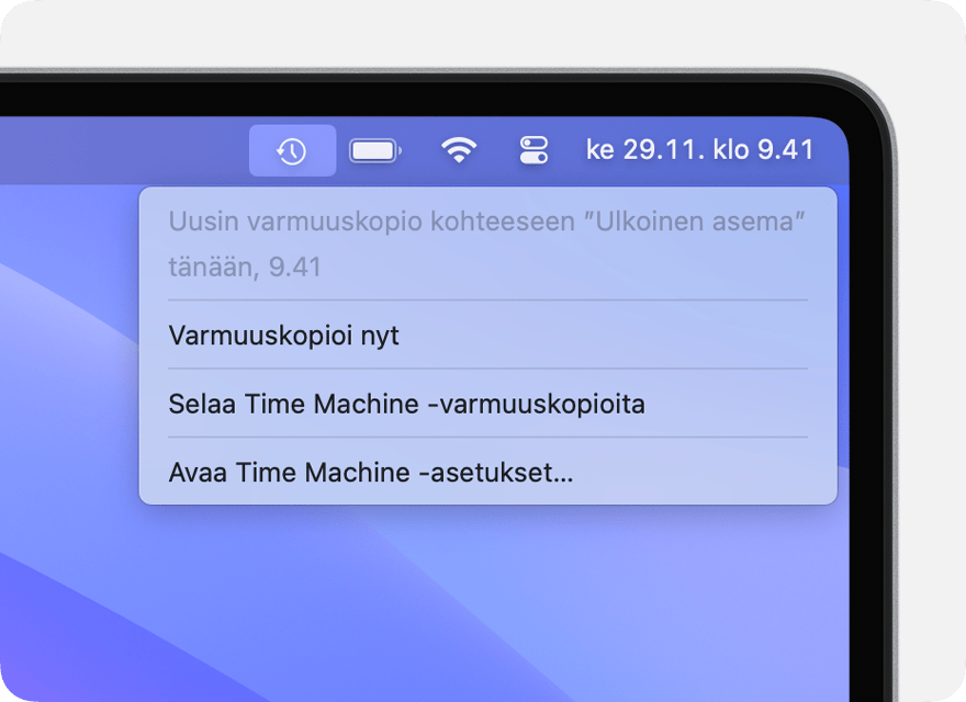 Time Machine ‑valikossa näkyy viimeisimmän varmuuskopioinnin tiedot