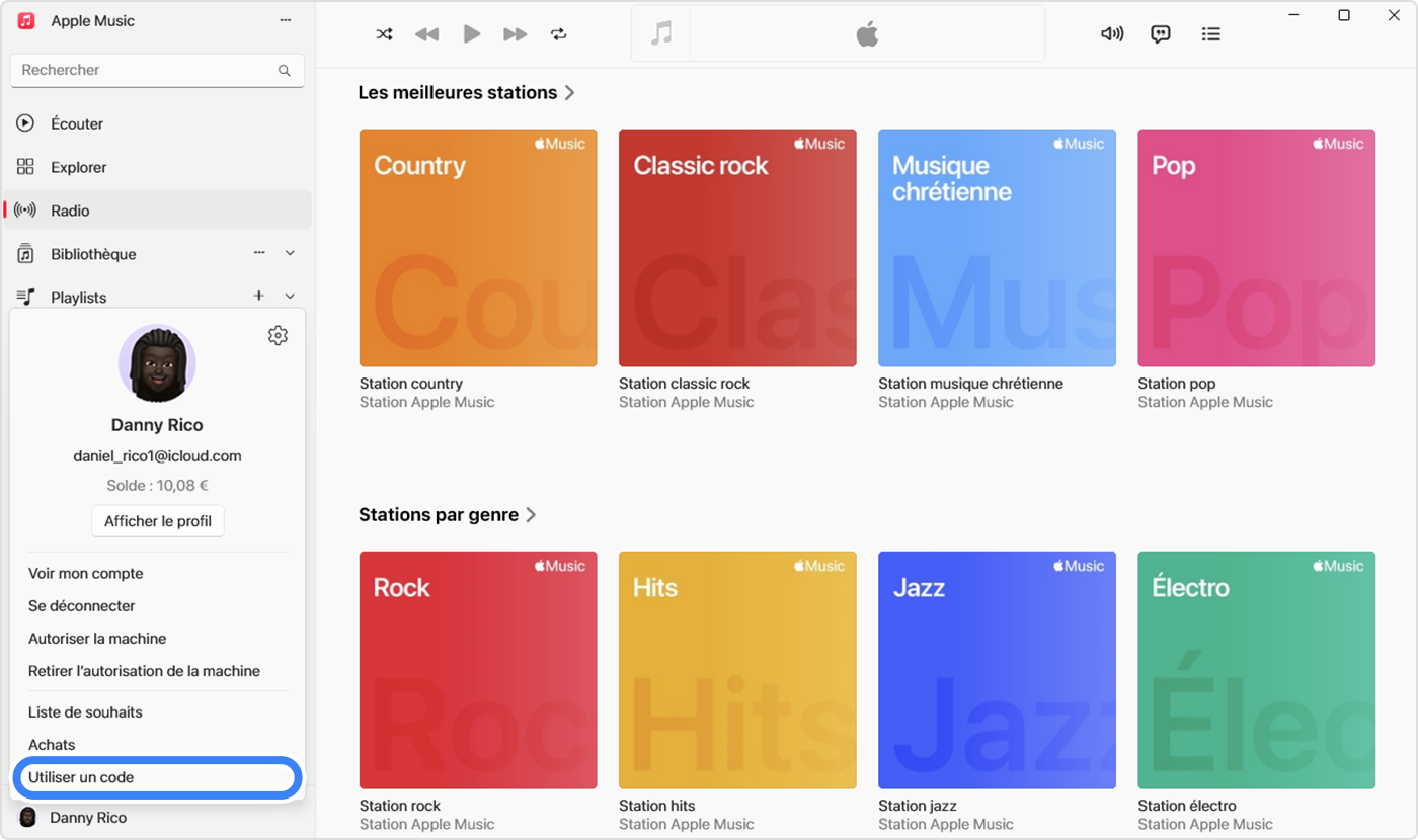 L’app Apple Music sur un PC affichant la sélection de l’option permettant d’utiliser une carte cadeau