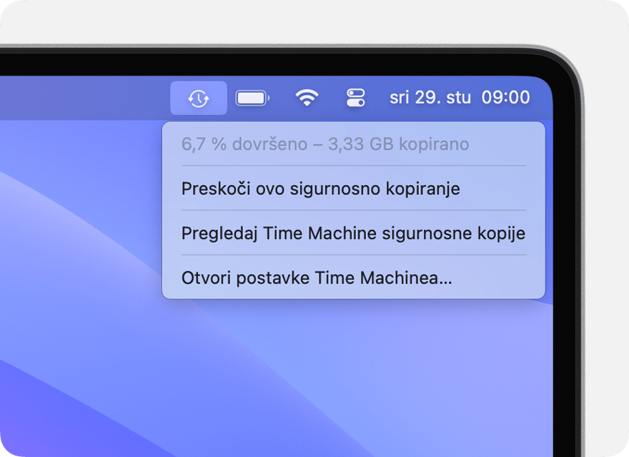 Izbornik Time Machine s prikazom sigurnosnog kopiranja u tijeku