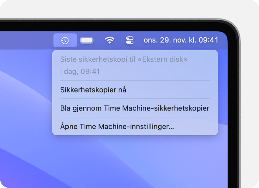 Time Machine-meny hvor det vises informasjon om den siste sikkerhetskopieringen