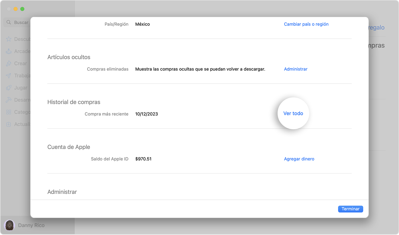 Una imagen que muestra la configuración de la cuenta en la App Store en macOS. El botón Ver todo está resaltado.