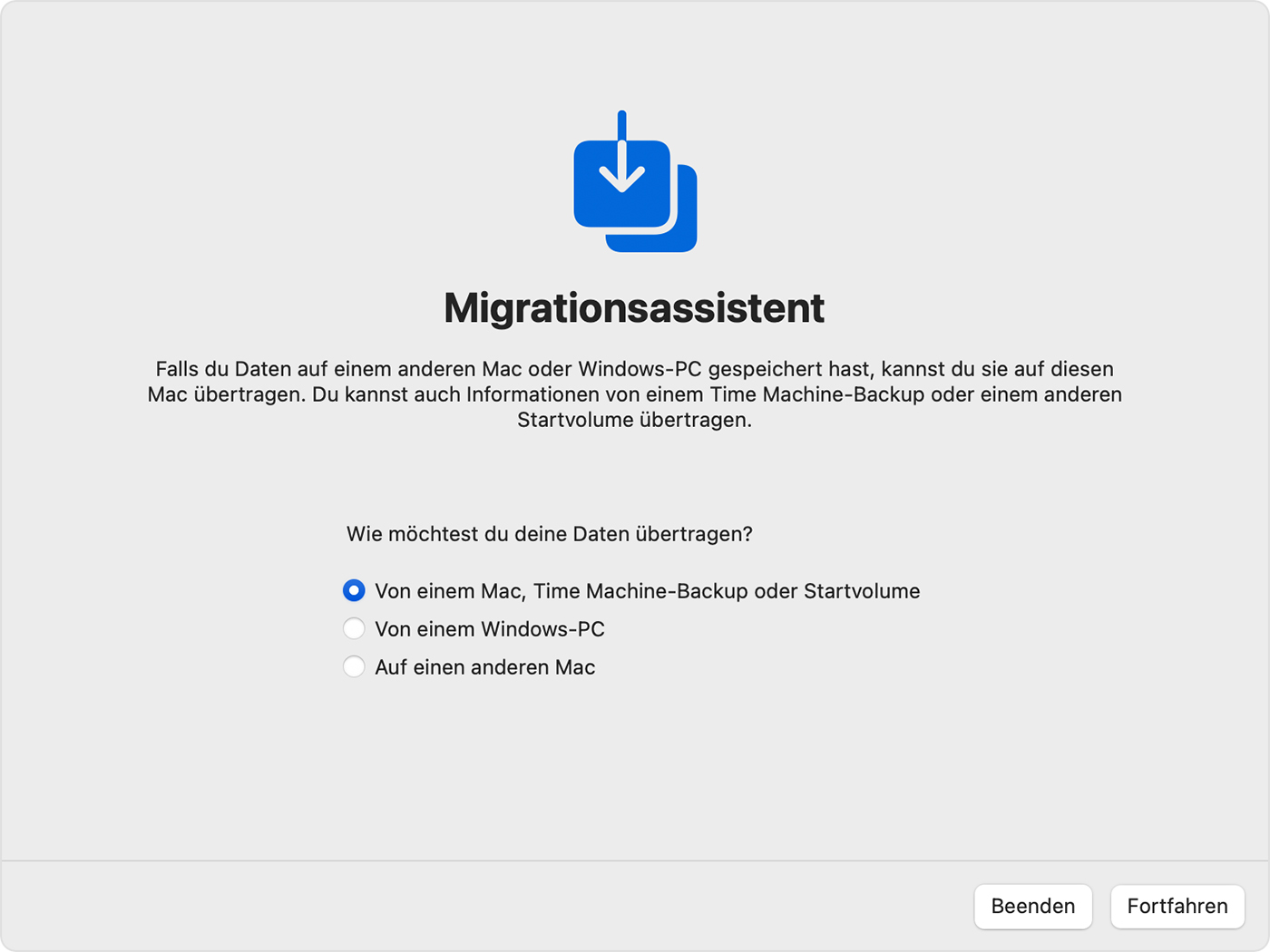 Migrationsassistent: Wie sollen deine Informationen übertragen werden?