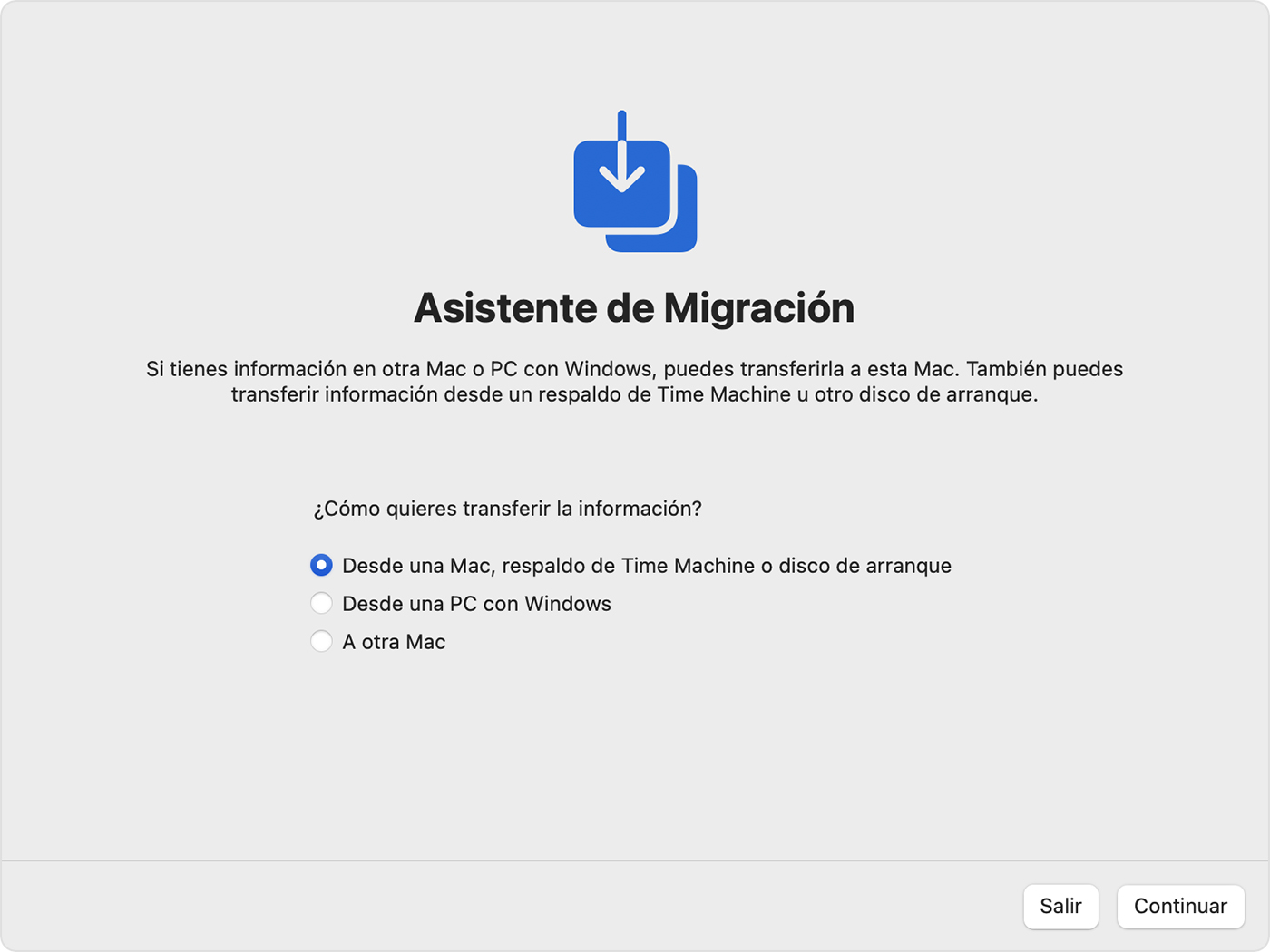 Asistente de Migración: ¿Cómo quieres transferir la información?