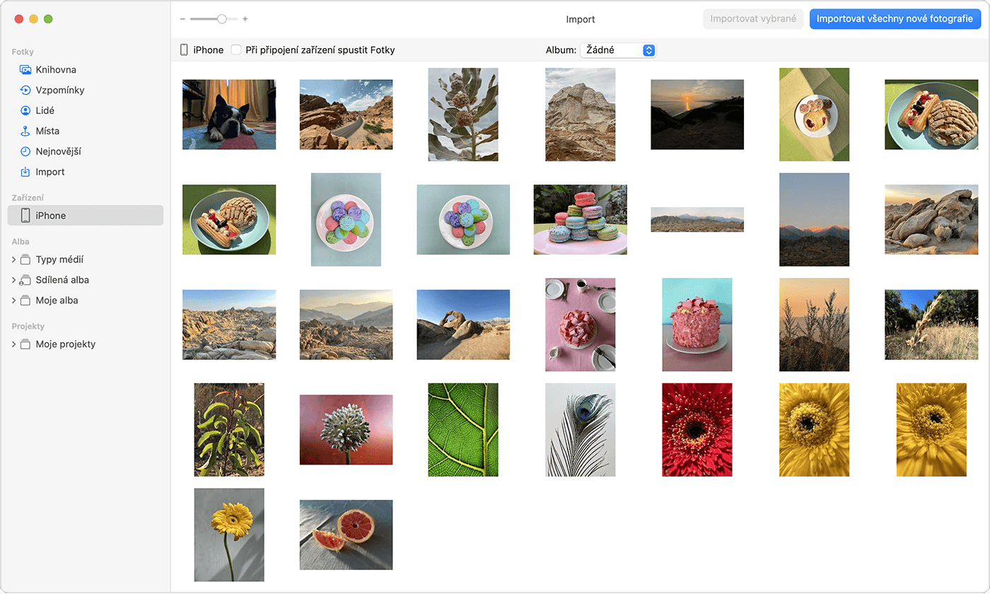 Obrazovka Macu a na ní fotky dostupné k importu