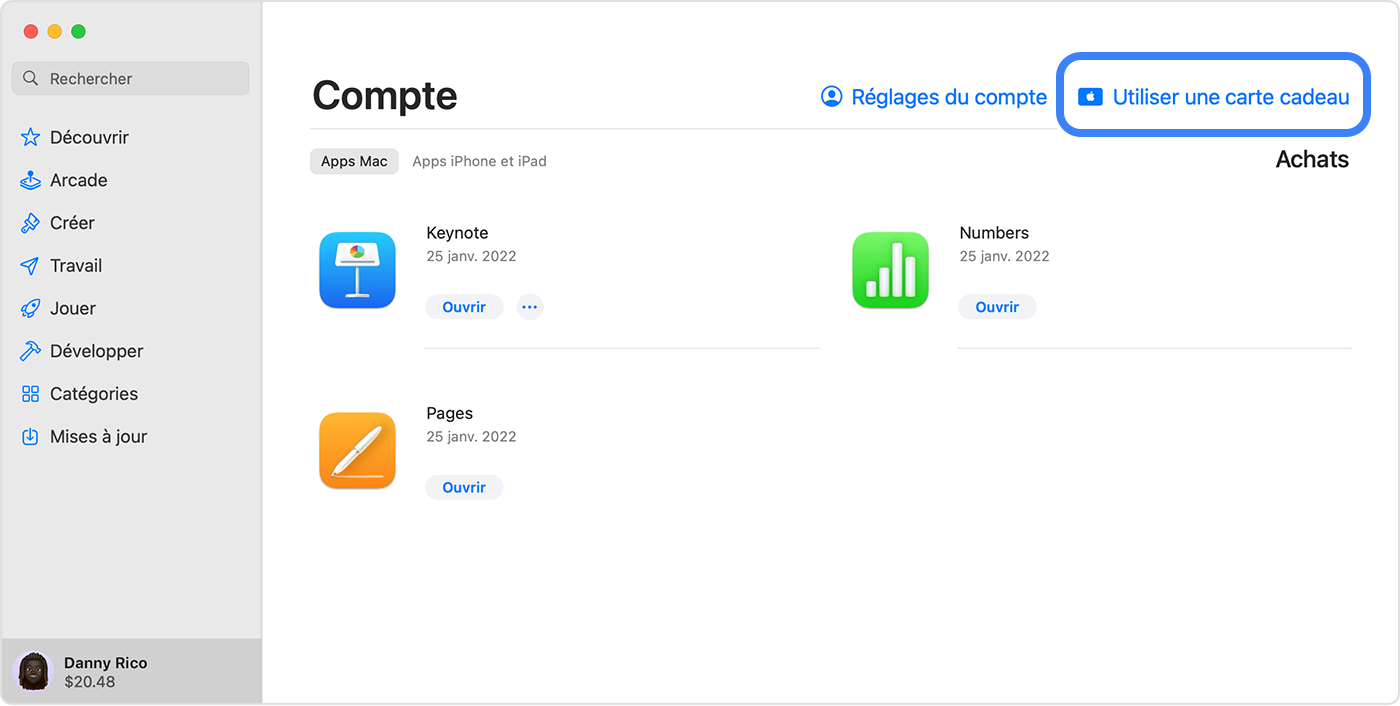 L’App Store sur un Mac affichant l’option d’utiliser une carte cadeau