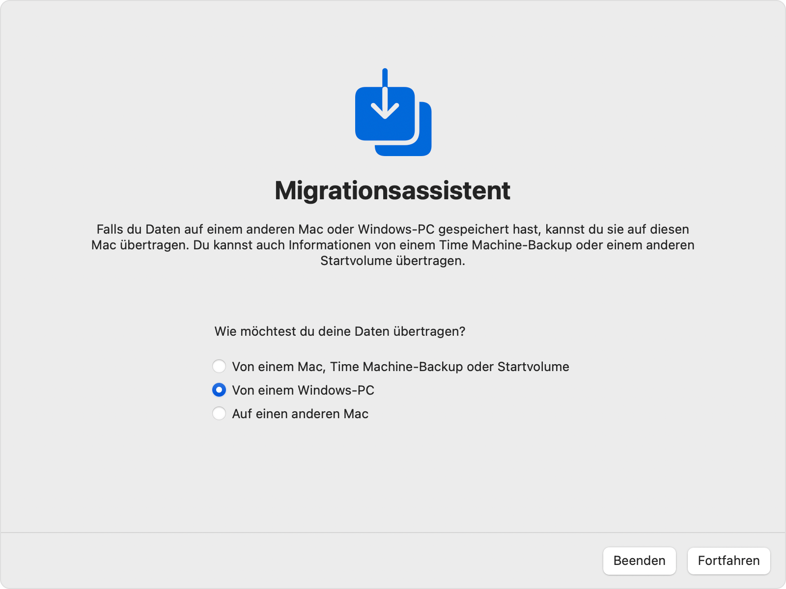 Migrationsassistent auf dem Mac: „Von einem Windows-PC“ übertragen