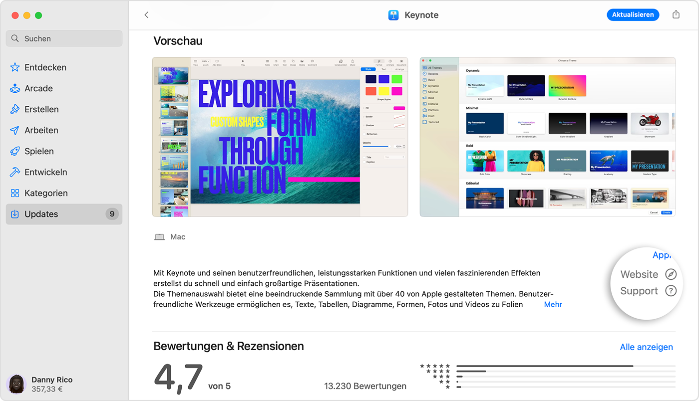 Auf einem Mac wird der App Store mit der Vorschauseite für Keynote angezeigt. Unten rechts sind die Tasten „Websight“ und „Support“ hervorgehoben.