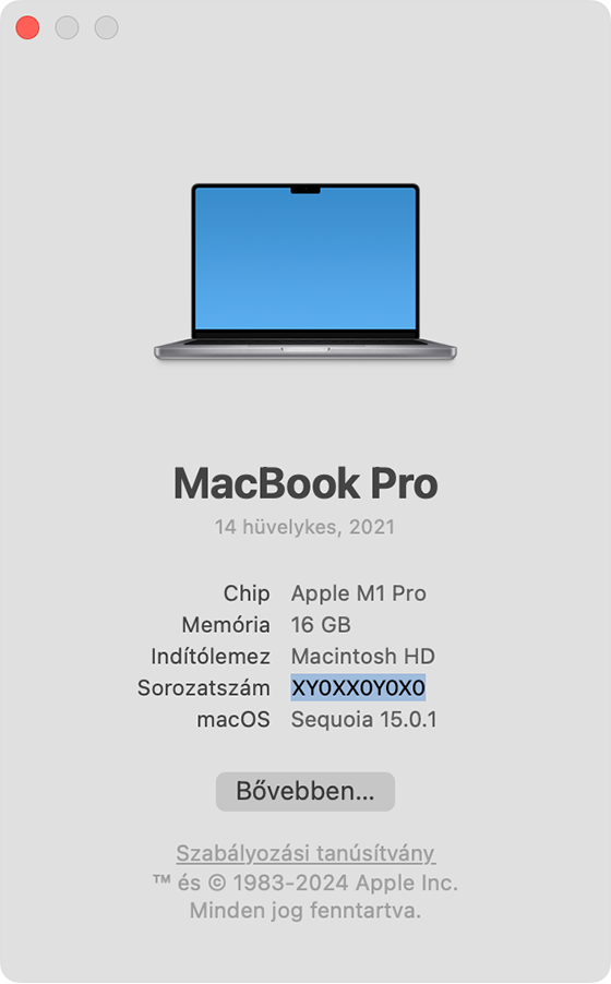 A Mac névjegye ablak, amelyben ki van emelve a sorozatszám