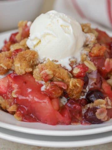 Apple cranberry crisp topped with vanilla ice cream on a white plate.