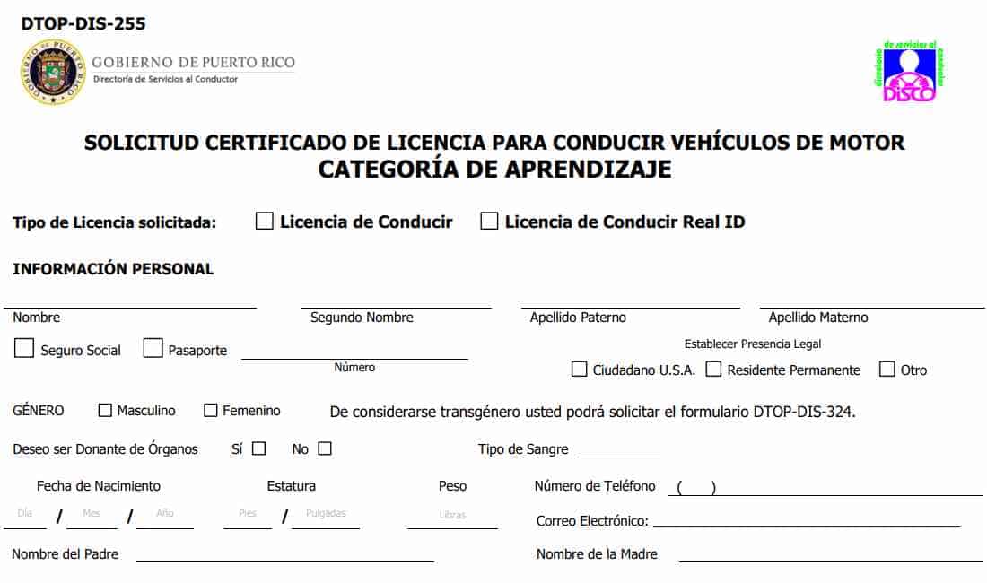 Formulario DTOP-DIS-255