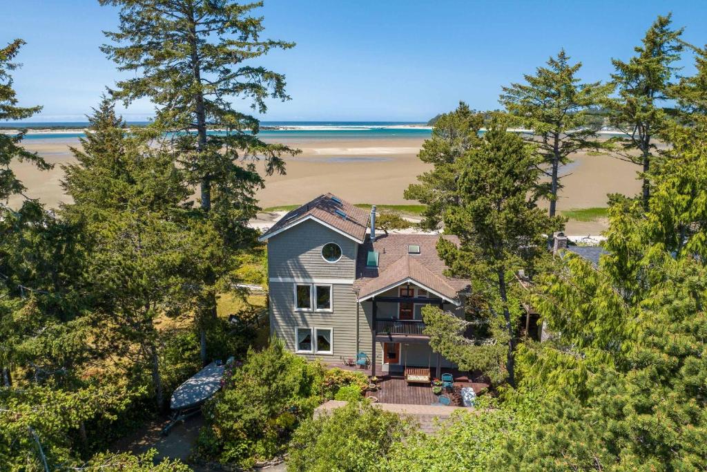 an aerial view of a house with a beach at Siletz Bay Beach House in Lincoln City