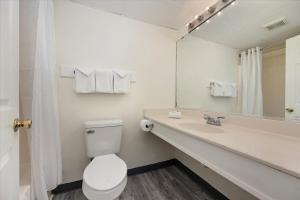 a bathroom with a toilet and a sink and a mirror at Eden Roc Motel in Ocean City