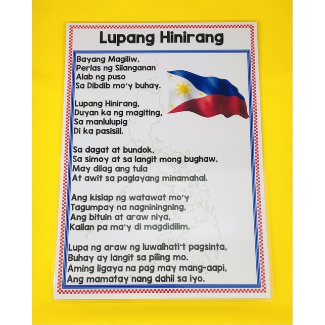 【Local Stock】 A4 LUPANG HINIRANG Laminated Educational Wall chart for ...