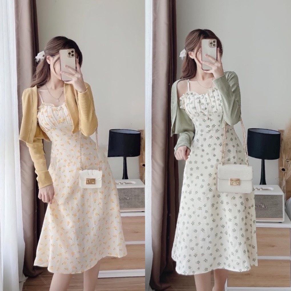 Sét Váy Hai Dây Hoa Nhí Kèm Áo Khoác Cardigan- Đầm maxi 2 dây dáng dài