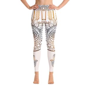 Hamsa Hand Ethnic Pattern Yoga Pants Beige High Waist Leggings - Yoga Leggings - Chakra Galaxy